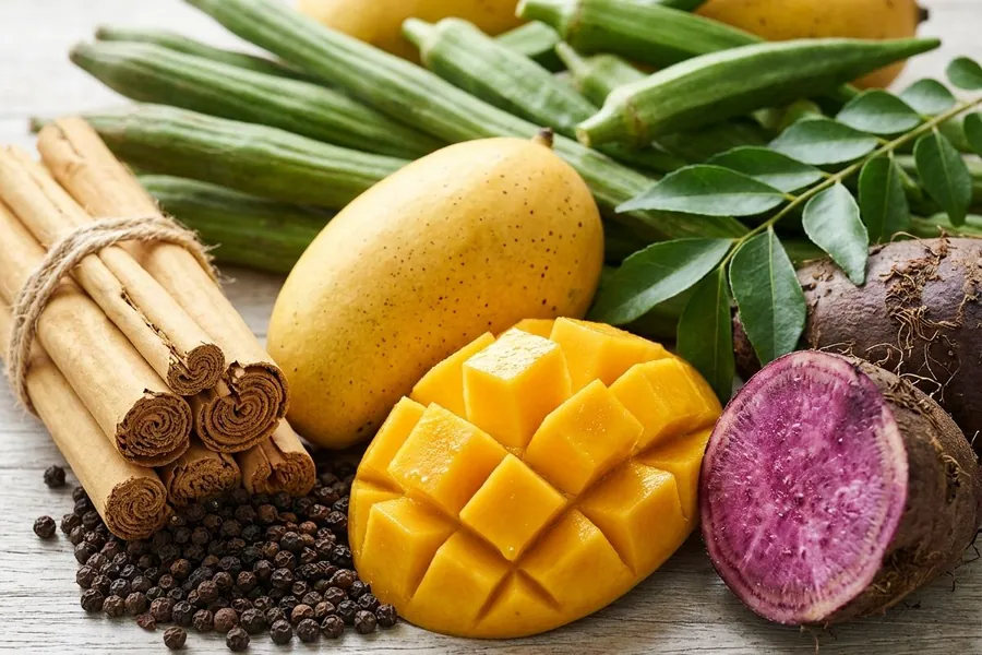 A tied bundle of Ceylon cinnamon quills and black peppercorns beside a hedgehog-cut mango, a whole mango, okra, drumstick pods, curry leaves and a halved purple yam on a pale timber table