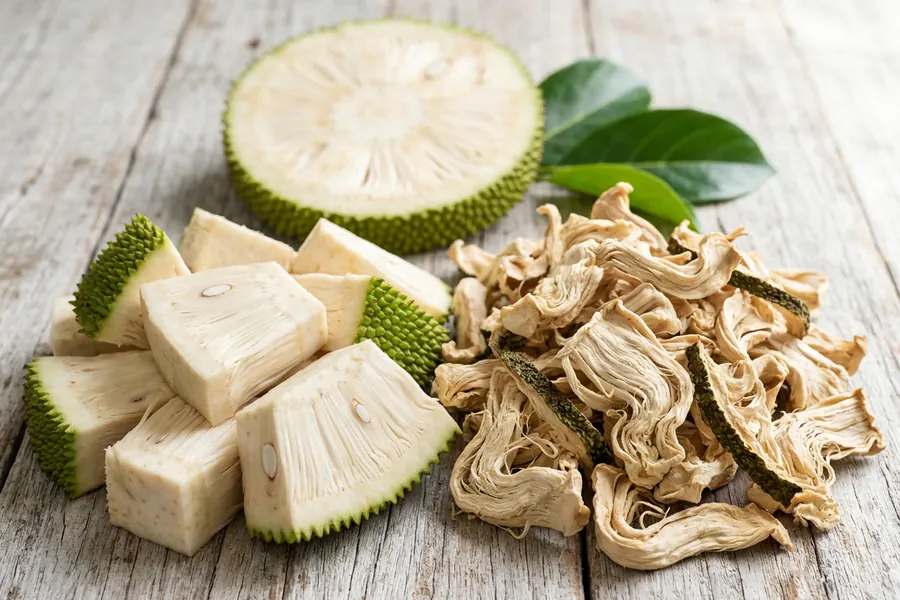 Dried young jackfruit pieces heaped beside fresh chunks with their green rind and pale fibrous flesh, a round slice and jackfruit leaves behind