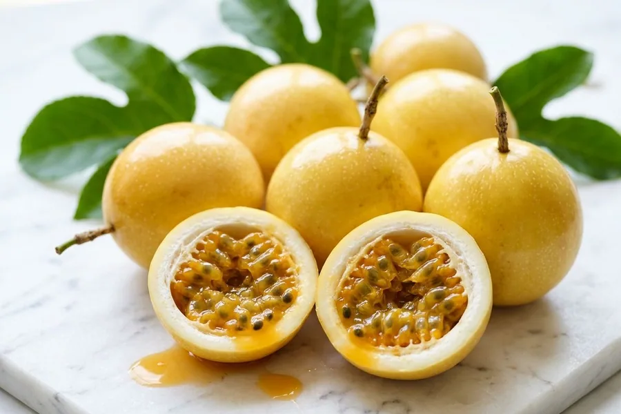 Yellow passion fruit on white marble, one cut in half to the golden seeded pulp, with passion fruit leaves