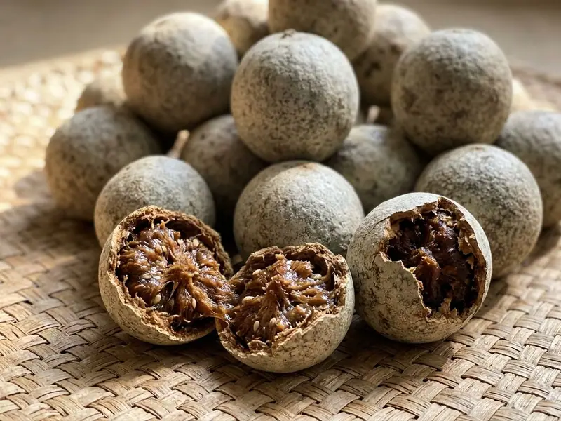 Woodapples in hard grey shells on a woven mat, three cracked open to the sticky brown pulp and pale seeds