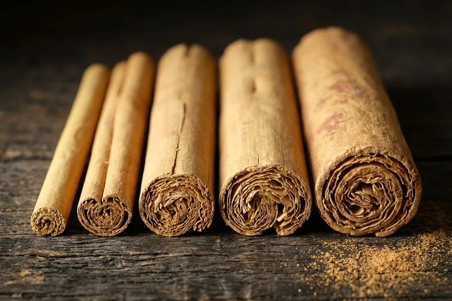 Ceylon cinnamon quills of five thicknesses side by side on dark timber, from a pencil-thin quill to a thick one, their layered ends facing the camera, with a little ground cinnamon
