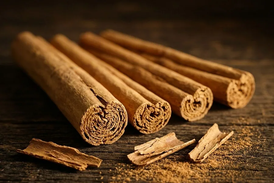 Ceylon cinnamon quills on dark timber, their cut ends showing many thin layers of bark rolled one inside another, with broken quill pieces and a dusting of ground cinnamon