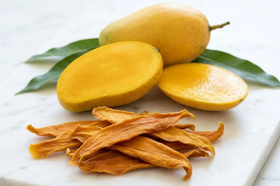 Dehydrated mango slices on white marble in front of ripe TJC mangoes, one with a cheek cut off and the cheek lying beside it