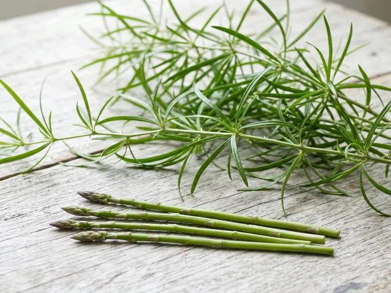 Young hathawariya shoots on a pale timber table in front of leafy sprigs with long needle-like leaves