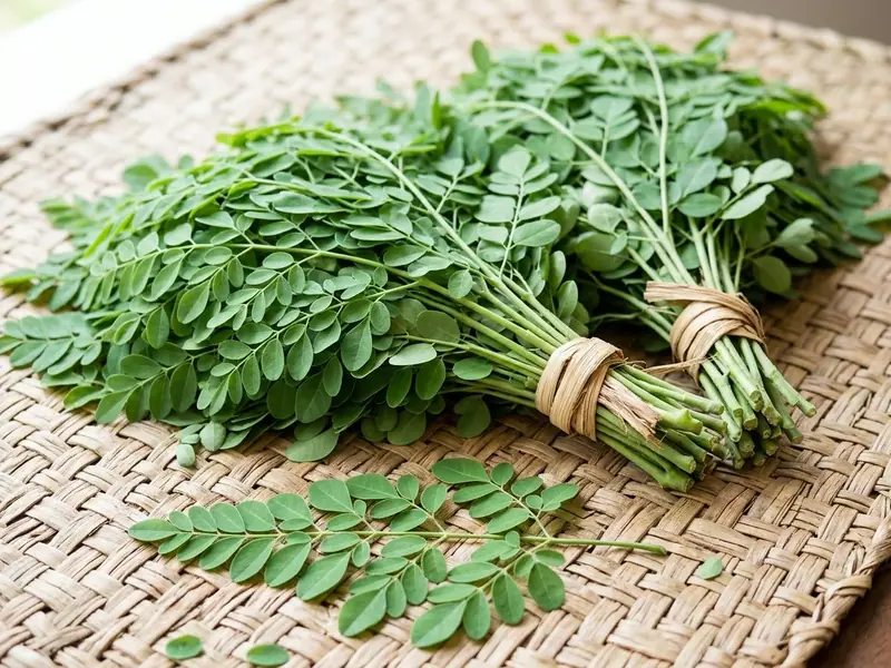 Two tied bunches of fresh moringa leaves on a woven mat, with a loose stalk of small oval leaflets in front