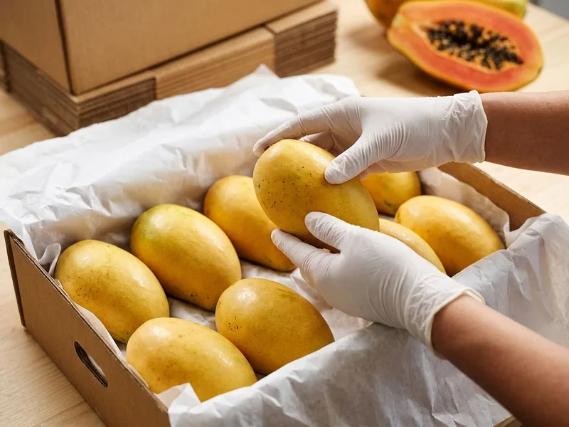 Ripe TJC mangoes in a white paper-lined export carton, gloved hands placing the last one, a halved papaya behind