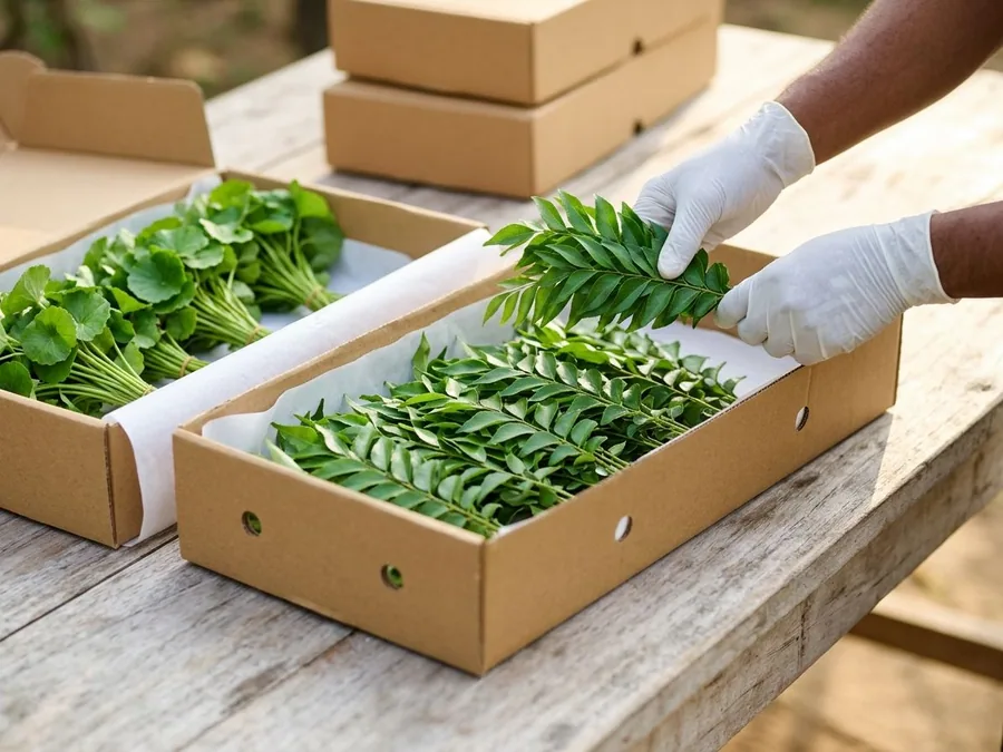 Gloved hands laying curry leaf sprigs into a paper-lined carton, with gotukola bunches packed in the carton beside it