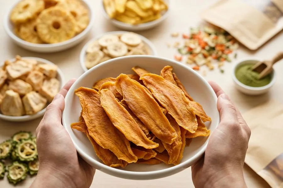 Dried mango slices in a bowl held in two hands, with dried pineapple, jackfruit, banana and moringa powder behind
