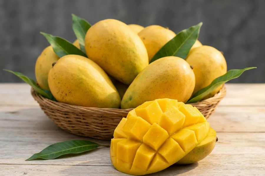 A TJC mango cut hedgehog-style in front of a basket of whole mangoes with mango leaves on a timber table