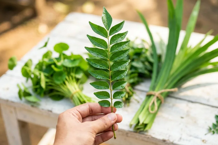 A hand holding a fresh curry leaf sprig with water droplets, bunches of gotukola and pandan behind