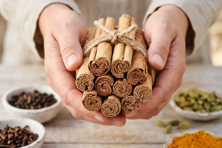Hands holding a tied bundle of Ceylon cinnamon quills, with bowls of pepper, cloves, cardamom and turmeric behind