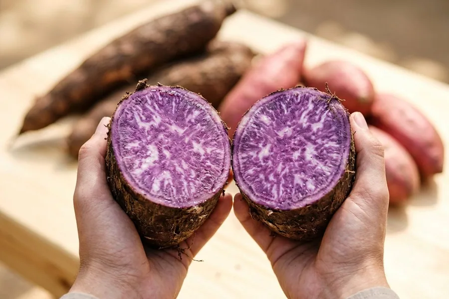 Two hands holding the halves of a cut purple yam showing violet flesh, cassava and sweet potatoes behind