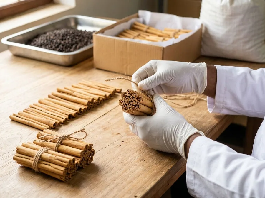 Ceylon cinnamon quills being tied into a bundle by gloved hands, with rows of sorted quills, a tray of black pepper and a packed carton behind