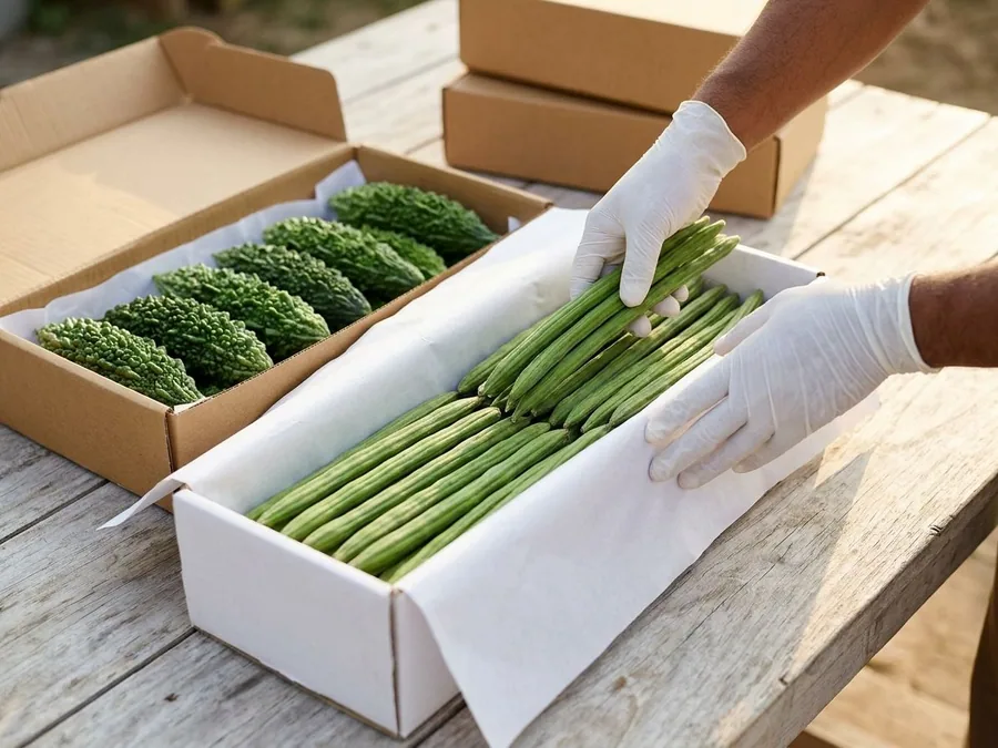 Gloved hands laying drumstick pods into a paper-lined white carton beside a carton of bitter gourds