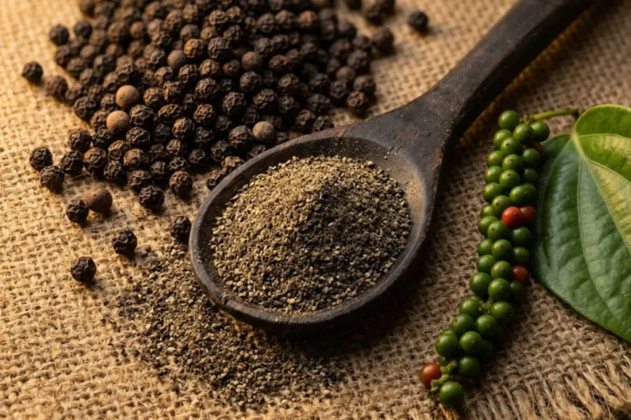 Ground black pepper in a dark wooden spoon on jute, with whole black peppercorns and a fresh green pepper spike and leaf
