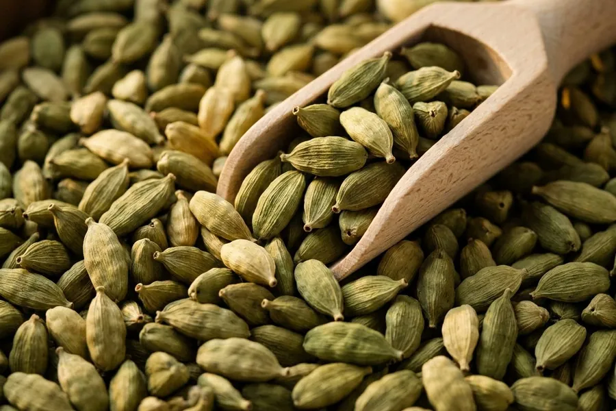 Green cardamom pods filling the frame, with a wooden scoop of pods dipped into the heap