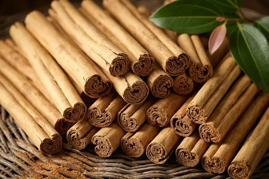 Ceylon cinnamon quills stacked on a woven rattan mat with their layered ends facing the camera, cinnamon leaves and a little ground cinnamon beside them