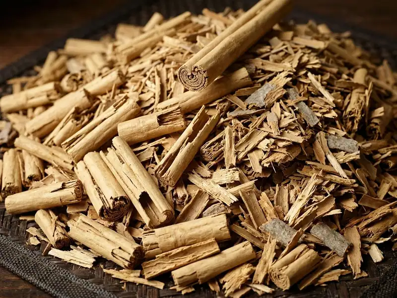 Cinnamon quillings and chips heaped on a dark woven mat, with one whole cinnamon quill lying across the top