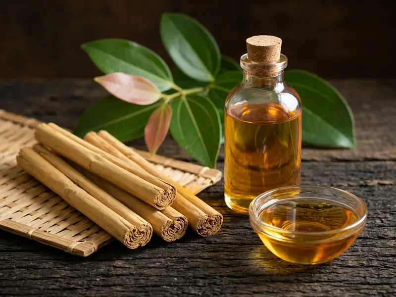 Cinnamon oil in a plain corked glass bottle and a small glass dish, beside cinnamon quills on a woven bamboo mat and a sprig of cinnamon leaves