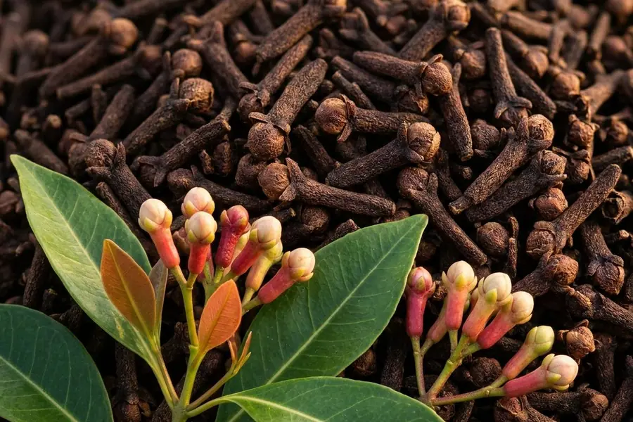 Dried whole cloves heaped behind a fresh clove sprig with pinkish-red buds and glossy leaves