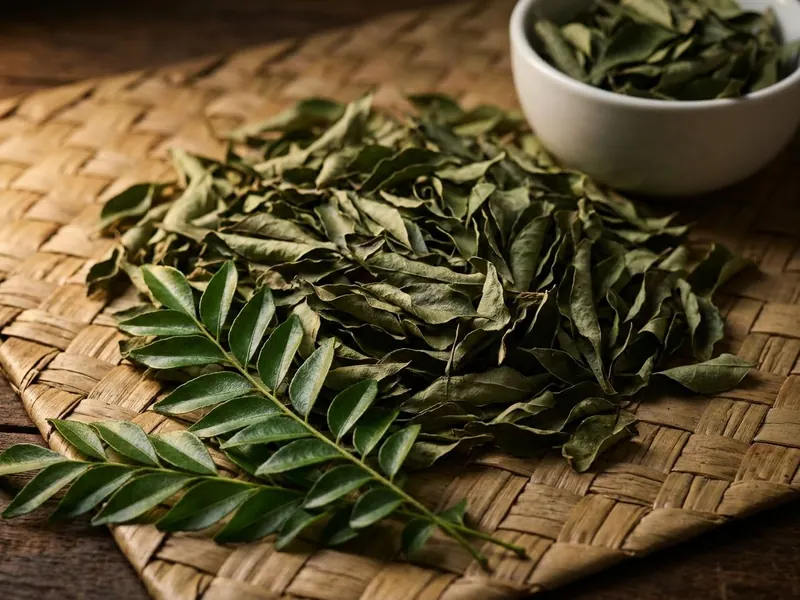Dried curry leaves heaped on a woven palm-leaf mat, with fresh curry leaf sprigs in front and a white bowl of dried leaves