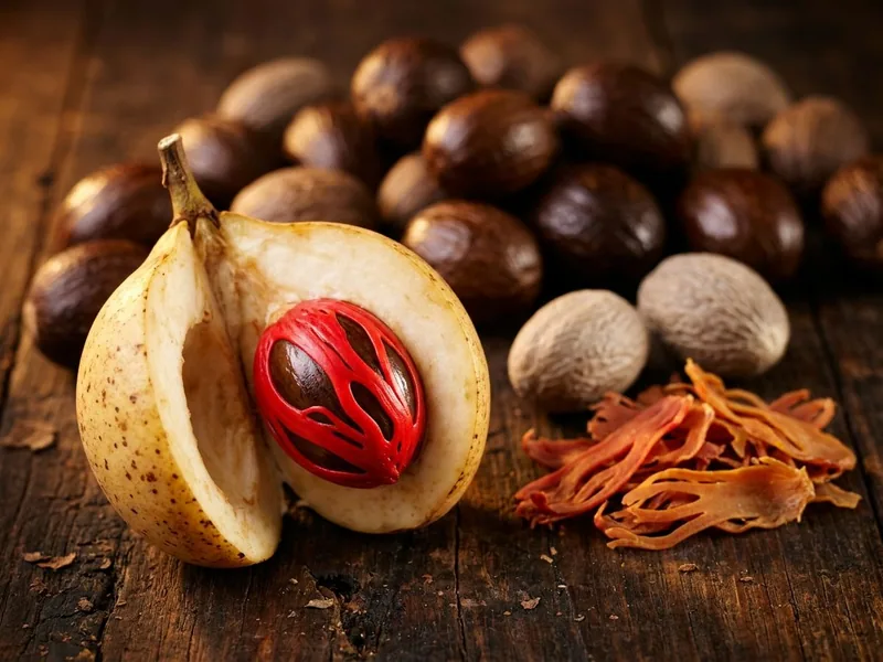 A nutmeg fruit split open to the seed wrapped in red mace, with whole nutmegs, shelled kernels and dried mace blades on dark timber