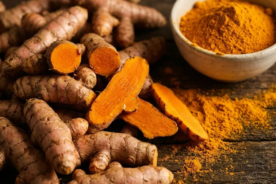 Fresh turmeric roots, some cut to the deep orange flesh, beside a white bowl of turmeric powder on dark timber