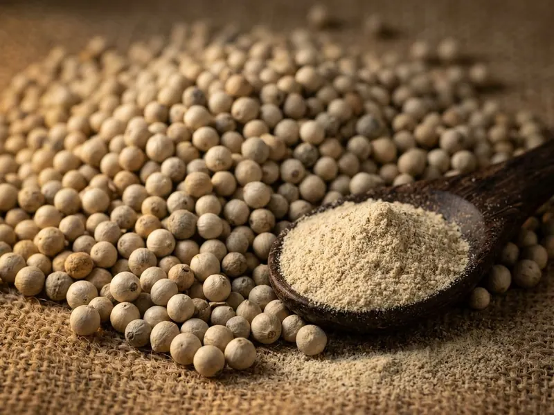 Whole white peppercorns heaped on jute with a dark wooden spoon of ground white pepper