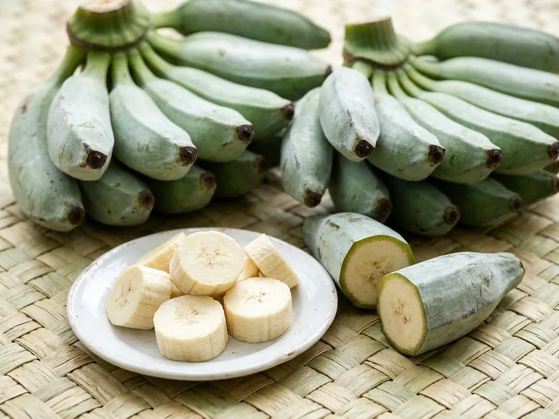 Two bunches of green ash plantains on a woven mat, one plantain cut across to the cream flesh and slices on a white plate