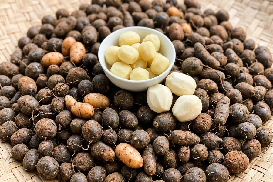 Innala tubers heaped on a woven mat around a small white bowl of peeled innala, with three more peeled tubers beside it