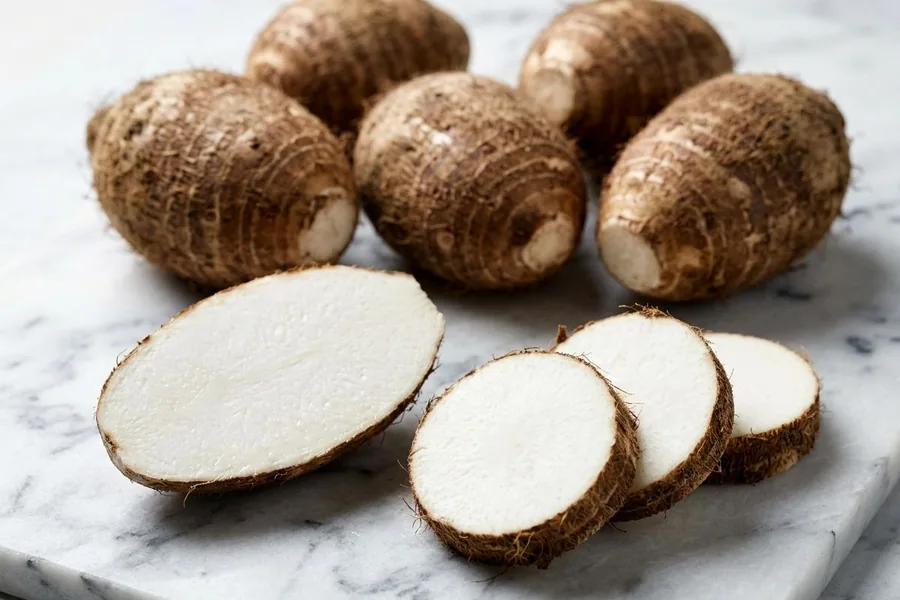 Kiri ala corms with ringed brown skin on white marble, one cut in half lengthways and three slices showing the white flesh